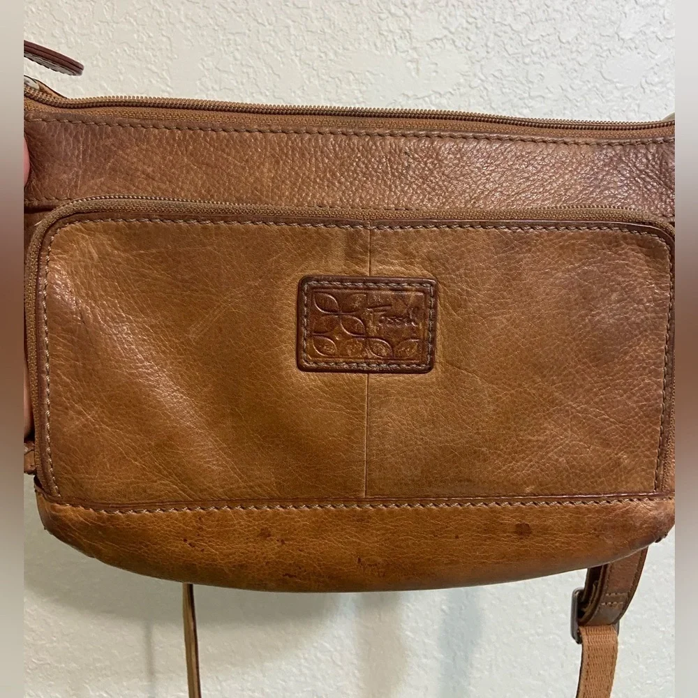 Vintage Fossil Crosstown Crossbody Bag Pebbled Leather Chestnut Brown